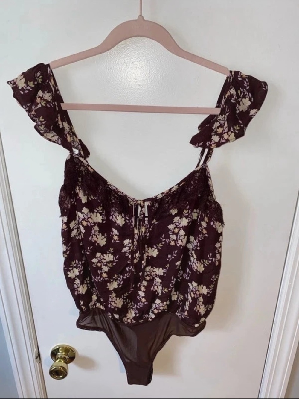 Free People Floral Ruffle Strap Bodysuit - Brown Floral